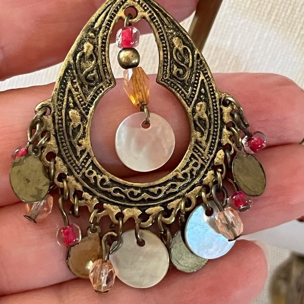 Vintage Bohemian brass mother of pearl earrings..